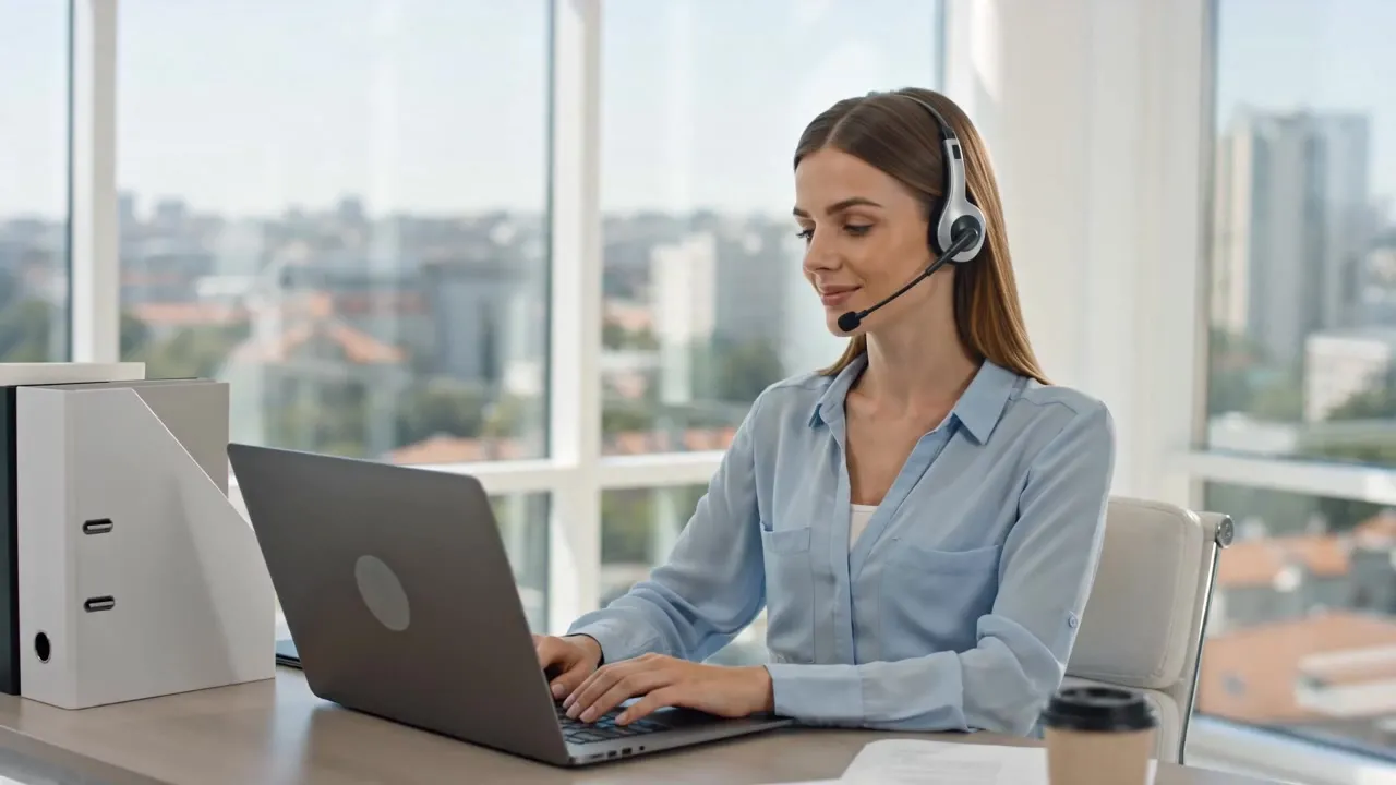 Freundliche Support-Mitarbeiterin mit Headset, die einer Kundin am Telefon hilft